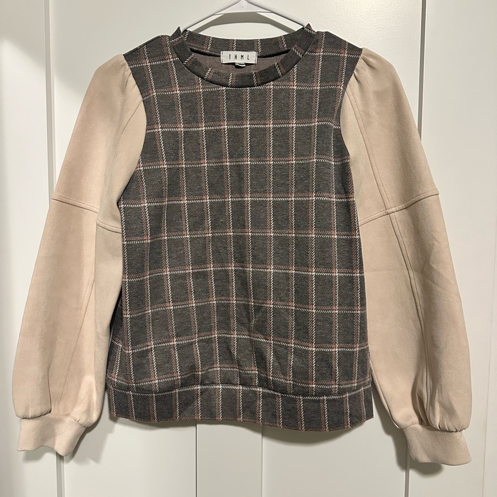 THML Gray and Pink Plaid Top